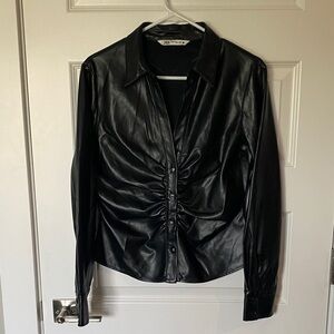 Zara Black Faux Leather Ruched Button-Front Shirt